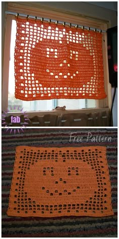 an orange crocheted curtain with the words hello kitty on it and a photo of a