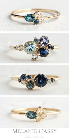 three different types of rings with blue, green and white stones on each one side