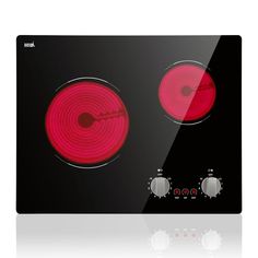 two red burners on the side of a black stove top with white trims