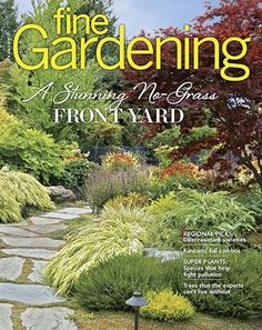 the front cover of fine gardening featuring stepping stone path and trees in the back yard