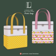 two bags with lemons and polka dots on them, one in yellow and the other in pink