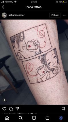 a person with a tattoo on their arm that has two pictures of people in it