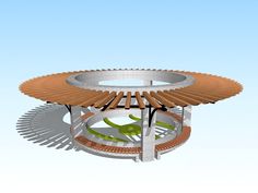 an artistic rendering of a circular table with benches on it's sides and a plant growing out of the top