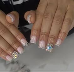 Short Nail With Gems, Short Nail Gem Designs, Short Acrylic Nails Rhinestones, Over Lay Nails, Bad And Boujee Nails Short, Short Bling Acrylic Nails, Short Junk Nails, Short Bling Nails, Shorties Nails Square