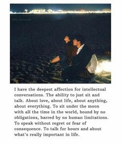 an image of two people sitting on the ground in front of water with text that reads, i have the deepest affection for interlection for