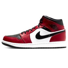 The Air Jordan 1 Mid ‘Chicago Black Toe’ draws inspiration from the sneaker’s 1985 roots. The distinctive color blocking is reminiscent of the OG ‘Chicago’ colorway, applied to a mid-top silhouette and revised with a black finish on the perforated toe box. Jumpman branding adorns the woven tag stitched onto the padded white nylon tongue, while a classic Jordan Wings logo is stamped in black on the lateral collar flap. Jordans Chicago, Jordan 1 Mid Chicago Black Toe, Air Jordan 1 Mid Chicago, Black Toes, Jordan 1 Mid Chicago, Nike Air Jordan 1 Mid, Jordan Air, Retro 1, New Nike Air