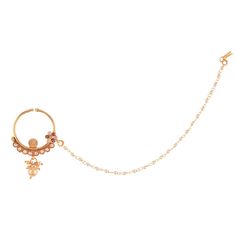 a gold chain with an earring attached to it and a pearl beaded charm hanging from the end