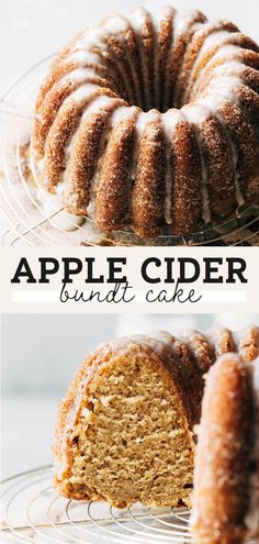 an apple cider bundt cake is cut into slices