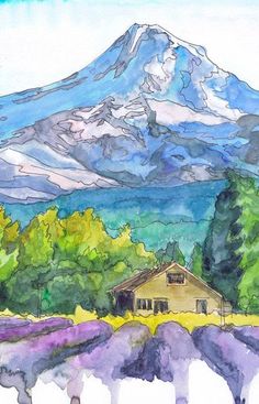 a watercolor painting of a house in front of a mountain