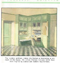 an old fashioned kitchen with green cabinets and checkered flooring is featured in the magazine