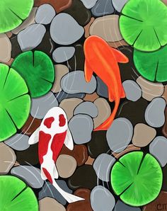 a painting of two koi fish swimming in the pond surrounded by lily pads and rocks