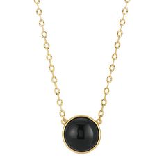 A deep black cabochon complements a polished gold chain with this adjustable necklace from 1928. A deep black cabochon complements a polished gold chain with this adjustable necklace from 1928. Metal: alloy 16 in. with 3-in. extender Plating: gold tone Finish: polished Pendant length: 1.1 in. Clasp: lobster claw Not appropriate for children 14 years old and younger. Size: One Size. Gender: female. Age Group: adult. Formal Black Enamel Round Pendant Necklace, Classic Round Black Enamel Necklaces, Elegant Black Cabochon Necklace, Classic Black Necklace With Round Pendant, Classic Black Necklaces With Round Pendant, Classic Black Round Pendant Necklace, Channel Jewelry, Whistle Necklace, Antique Locket