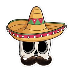 a sticker with a skull wearing a sombrero on it's head