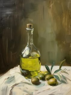 an oil painting of olives and a bottle