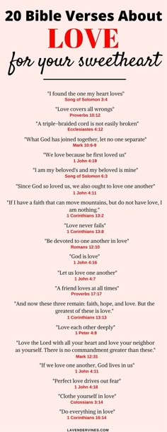 the 20 bible verses about love for your sweet heart, written in red and black