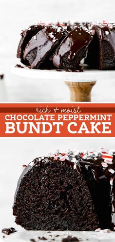 a chocolate peppermint bundt cake on a white plate with one slice cut out