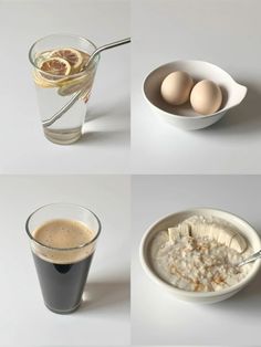 four different shots of breakfast foods and drinks