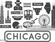 the chicago skyline with various symbols and landmarks in black and white stock photo getty images