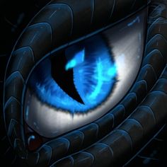 the eye of a blue - eyed dragon is shown in this image, with its curled tail