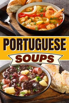 the cover of portuguese soups is shown on a cutting board with bread and vegetables