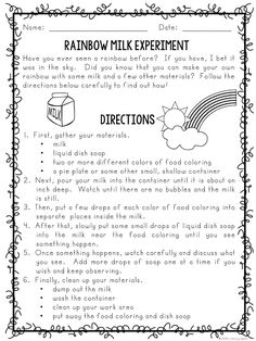 the rainbow milk experiment is shown in this printable coloring page for kids to learn how to