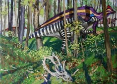 a painting of a dinosaur in the woods