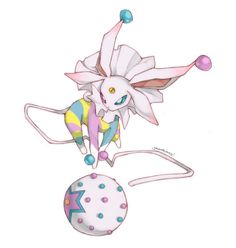 a drawing of a pink and yellow pokemon figure on top of a ball with polka dots