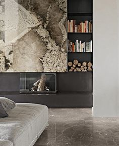 a living room filled with furniture and bookshelves next to a fire hydrant