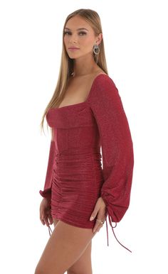 Long Sleeve Corset Dress, Red Hoco Dresses, Winter Dance Dresses, Red Hoco Dress, Red Hoco, Long Sleeve Corset, Burgundy Mini Dress, Winter Dance, Glittery Dress