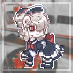 an old man with a hat and bow tie is depicted in pixellated art style