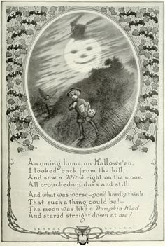 an old fashioned halloween card with a creepy man in the background and a full moon above it