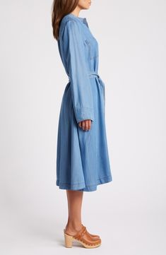 Crafted from soft, sustainable Tencel® lyocell, this is the pocket-popped dress you'll reach for on repeat. Button half placket Band collar Long sleeves Removable D-ring belt Chest patch pockets; side-seam pockets 100% Tencel® lyocell Tencel lyocell is a more-sustainably produced fiber made with closed-loop processing Machine wash, line dry Imported Spring Long Sleeve Dress With Slip Pockets, Cotton Relaxed Fit Shirt Dress With Buttoned Pockets, Relaxed Fit Cotton Shirt Dress With Buttoned Pockets, Cotton Shirt Dress With Buttoned Pockets And Relaxed Fit, Relaxed Fit Midi Dress With Slip Pockets, Spring Shirt Dress With Buttoned Pockets For Daywear, Casual Relaxed Fit Dresses, Unlined, Long Sleeve Dresses With Buttoned Pockets For Spring, Casual Relaxed Fit Unlined Dress