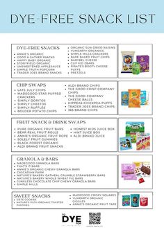 the flyer for dyee - free snack list