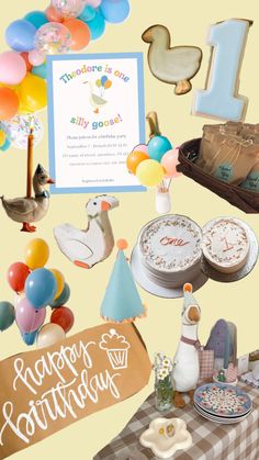 a collage of birthday items including cake, balloons, and other things on a table