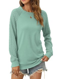 PRICES MAY VARY. Womens Crewneck Long Sleeve Tops: Made of 90% polyester and 10% spandex material, soft, stretchy and breathable. This fashion fall shirt lightweight sweatshirt is super comfortable to wear all day long Special Design: Classic crew neck, long sleeve, pullover, tunic length, solid color, trendy style. This casual comfy tunic top is easy to dress up or down in fall and winter. This pullover top's sleeves are stitched with twist cable knitted fabric which is the finishing touch and Green Stretch Sweater Solid Color, Comfortable Casual Solid Tops, Casual Comfortable Tops, Solid Stretch Sweater For Loungewear, Green Stretch Sweater, Green Stretch Long Sleeve Knit Top, Solid Stretch Knit Top With Crew Neck, Stretch Knit Sweater With Solid Color, Stretch Knit Top With Crew Neck