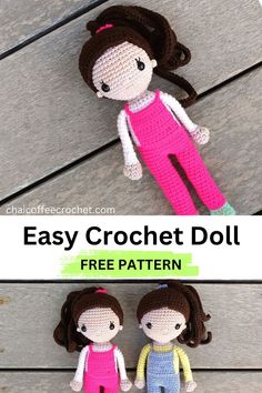 two crocheted dolls sitting next to each other with the text easy crochet doll free pattern