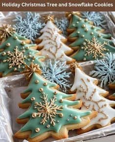 decorated christmas tree and snowflake cookies in a box with text that reads holiday christmas tree and snowflake cookies