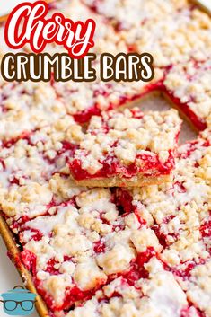 cherry crumble bars on a plate with the words cherry crumble bars above them