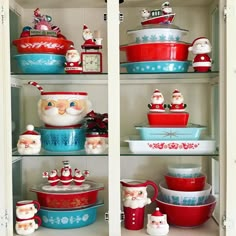 christmas dishes and santa hats on shelves in a kitchen