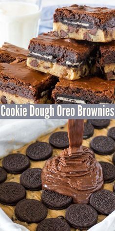 chocolate cookie dough oreo brownies are stacked on top of each other