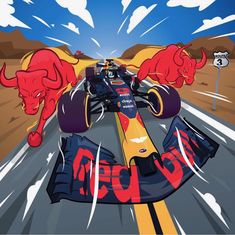 the red bull race car is driving down the road with two bulls on it's back