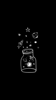 a black and white drawing of a jar with stars coming out of it on a dark background