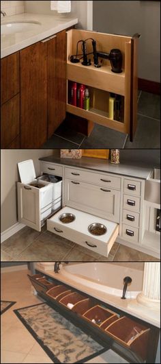 there are pictures of kitchen cabinets and stoves in the same photo, one is open