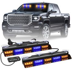 two lights on the front and side of a black pickup truck with blue leds