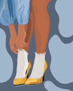 a painting of a woman's legs wearing yellow high heeled shoes with white socks