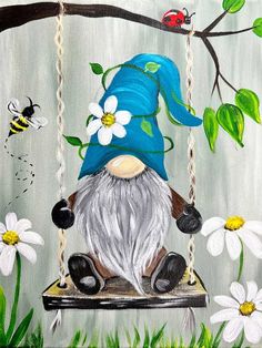 a painting of a gnome sitting on a swing with daisies in the foreground