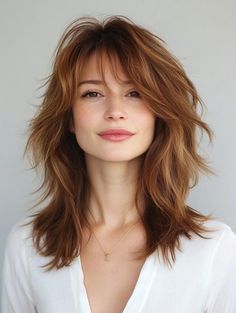 Medium Shag, Asymmetrical Bangs, Warm Brunette, Textured Bangs, Long Face Shapes, Square Face Shape, Round Face Shape, Shag Hairstyles