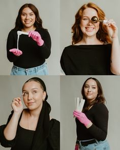 four different pictures of a woman with pink gloves