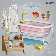 a baby bath is shown with toys on the shelf and in the background it's pink