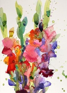 a watercolor painting of flowers in a vase